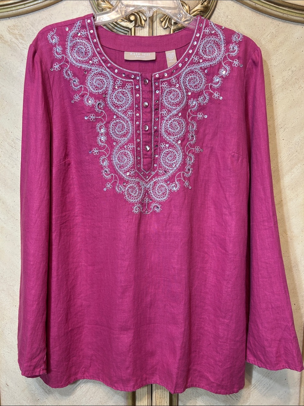 Kate Hill Pink & Silver Embroidered Sequin Boho Tunic Blouse